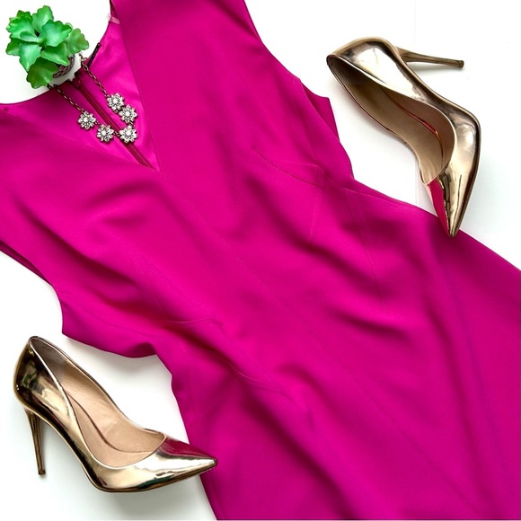 Elie Tahari Fuchsia Pink Crepe V-Neck Sheath Dress Cap Sleeve Size 14 - Picture 3 of 13
